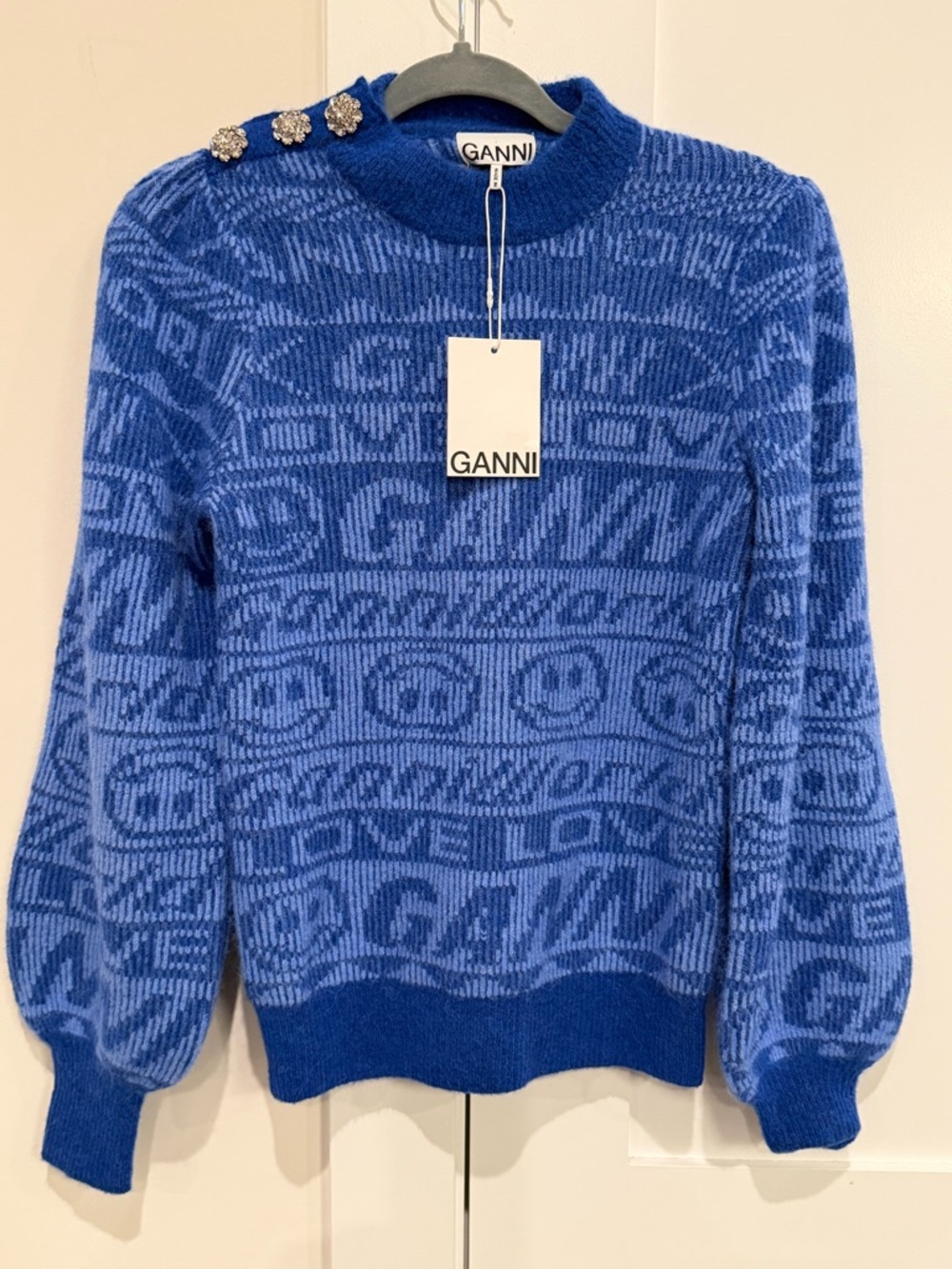 GANNI Alpaca and Merino Wool Jaquard Logo Button Sweater in Blue NWT's Sz Small - Picture 12 of 17